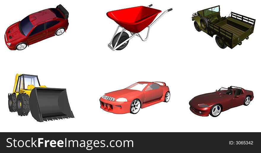Collection of several 3D rendered automobiles. Collection of several 3D rendered automobiles