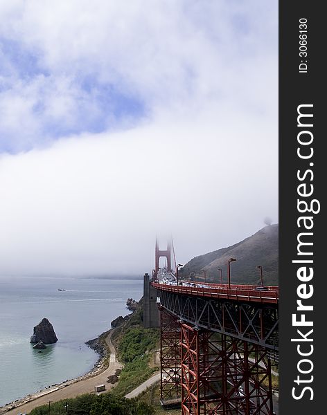 The San Francisco Golden Gate Bridge in the fog. The San Francisco Golden Gate Bridge in the fog