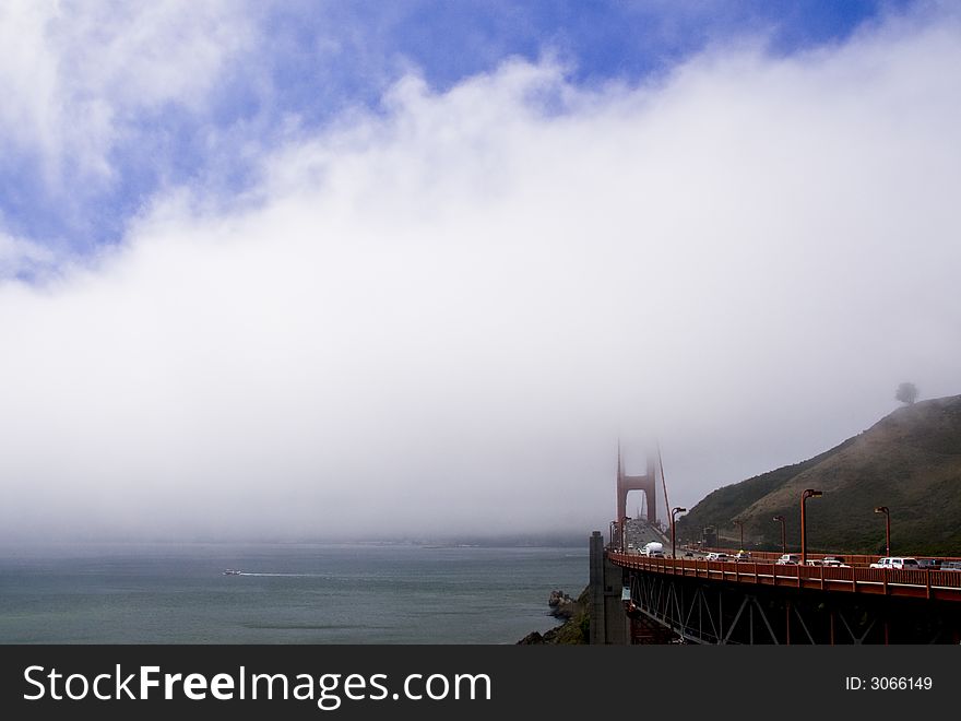 The San Francisco Golden Gate Bridge in the fog. The San Francisco Golden Gate Bridge in the fog