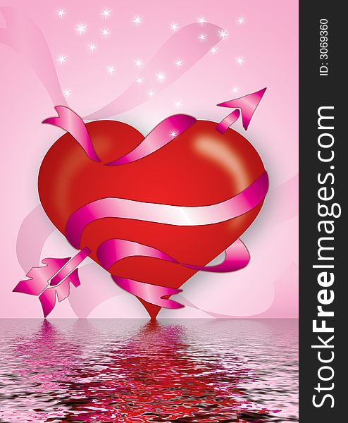 Abstract valentines background, heart with decorative swirls and banner in water. Abstract valentines background, heart with decorative swirls and banner in water