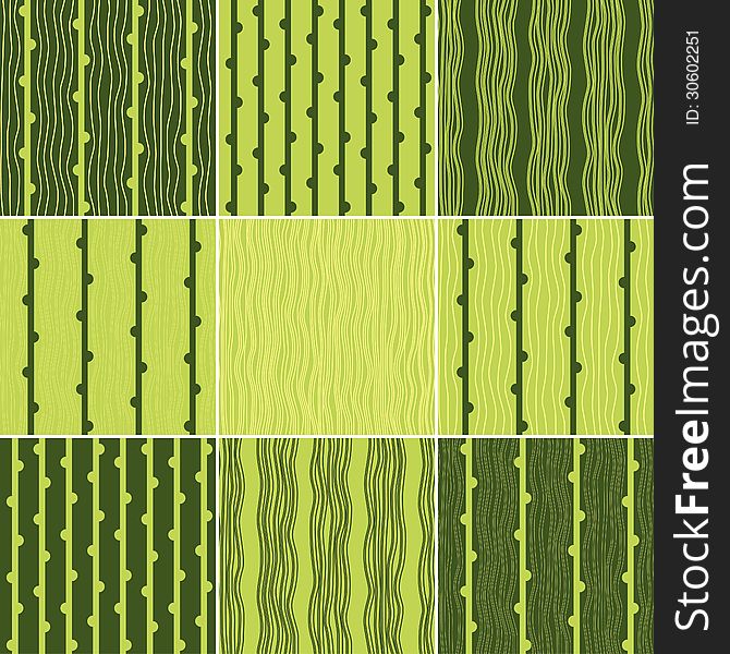 Set of green seamless pattern with vertical wavy lines and semicircles. Set of green seamless pattern with vertical wavy lines and semicircles