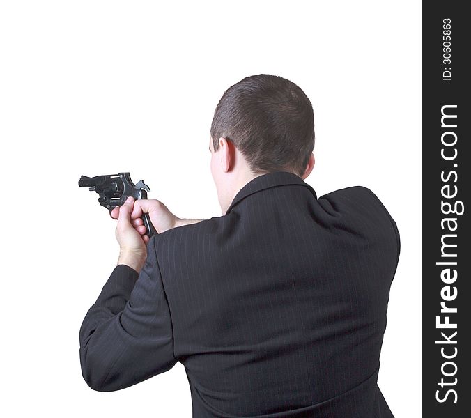 Professional man who keeps a gun pointing it at a target on a white background. Professional man who keeps a gun pointing it at a target on a white background