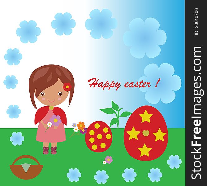 Illustration of easter girl with red egs.