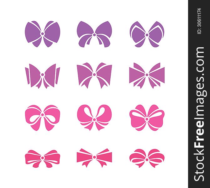 Set of silhouette vector colored bows on white background. Set of silhouette vector colored bows on white background