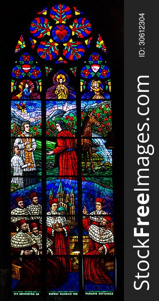 The stained glass window in a votive church, Vienna