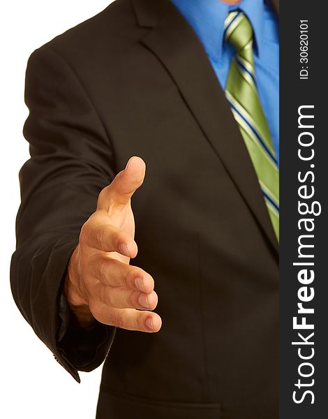 Business man in suit offering a handshake isolated on white background.