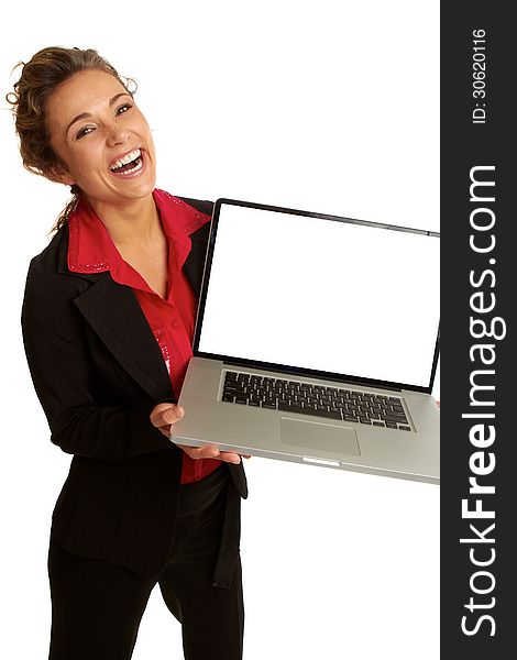 Beautiful caucasion business female happy holding laptop with blank screen isolated on white