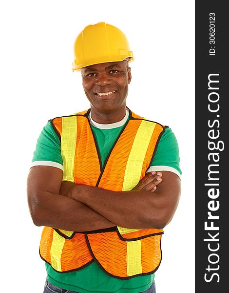 Happy african american construction with arms crossed isolated on white