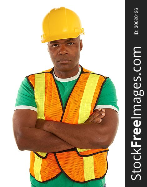 Serious african american construction with arms crossed isolated on white background