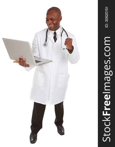 Portrait of African-American doctor holding laptop excited in front of white background, studio shot. Portrait of African-American doctor holding laptop excited in front of white background, studio shot