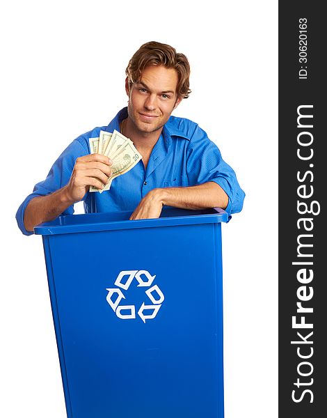 Caucasion Male With Recycle Bin Holding Money Isolated On White Background.