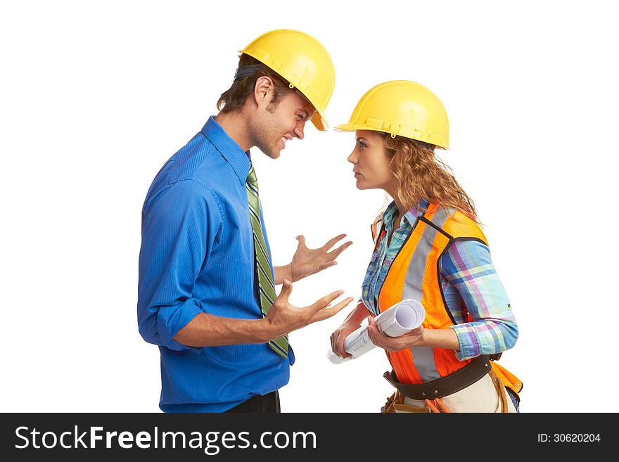Angry Architect And Construction Worker isolated on white. Horizontal Shot.