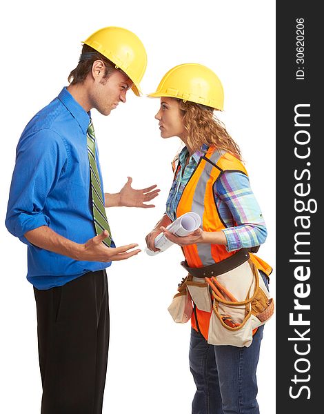 Angry Architect And Construction Worker Butting Heads Isolated On White.