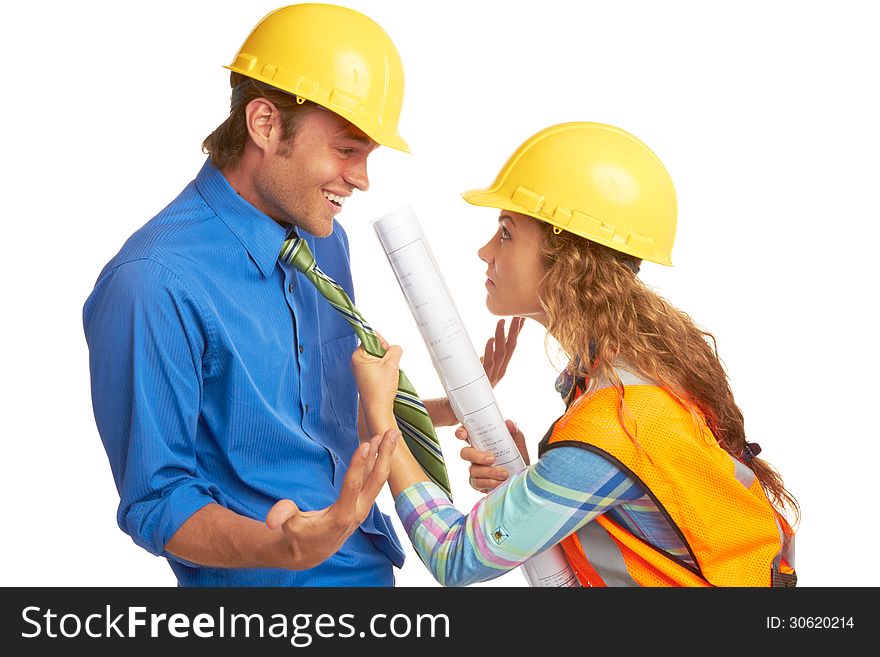 Female Construction Worker Mad At Architect Isolated on white background. horizontal shot.