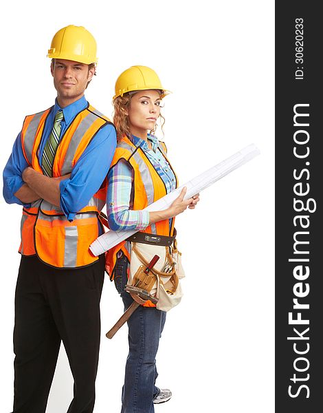 Confident attractive construction workers isolated on white.