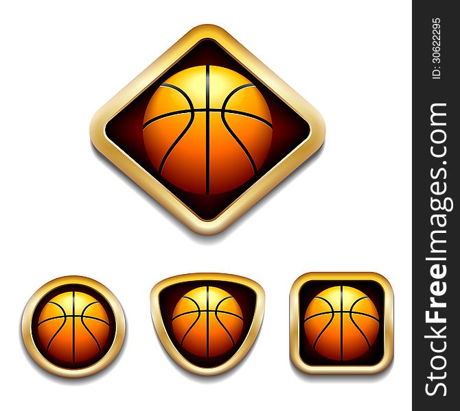 A set of four basketball badges with different shaped gold frames.