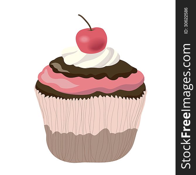 Chocolate cupcake with cherry on white background