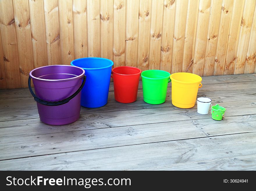 Set From Seven Colorful Buckets For Cleaning