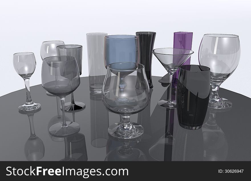Various rendering colorful glasses on glass table