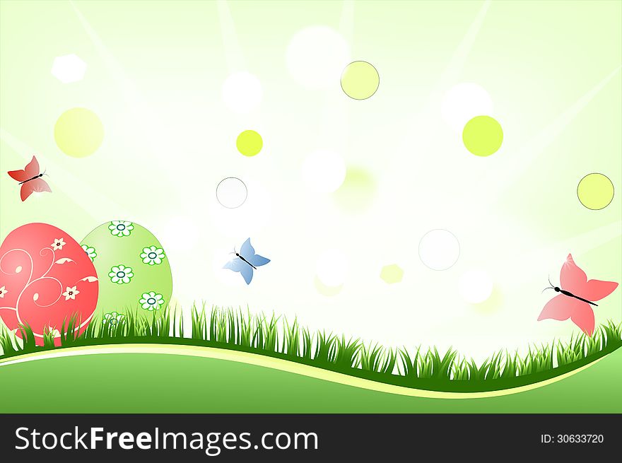Easter background with grass, egss and butterflies
