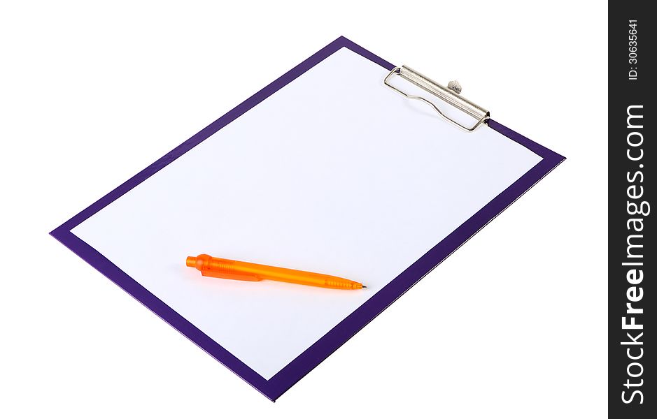 A piece of blank paper and orange pen on clipboard, isolated on white. A piece of blank paper and orange pen on clipboard, isolated on white