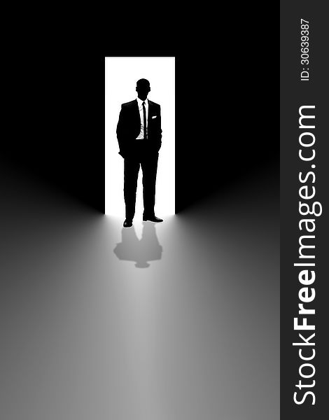 Silhouette of a businessman in a suit and tie standing in an open doorway. Silhouette of a businessman in a suit and tie standing in an open doorway.