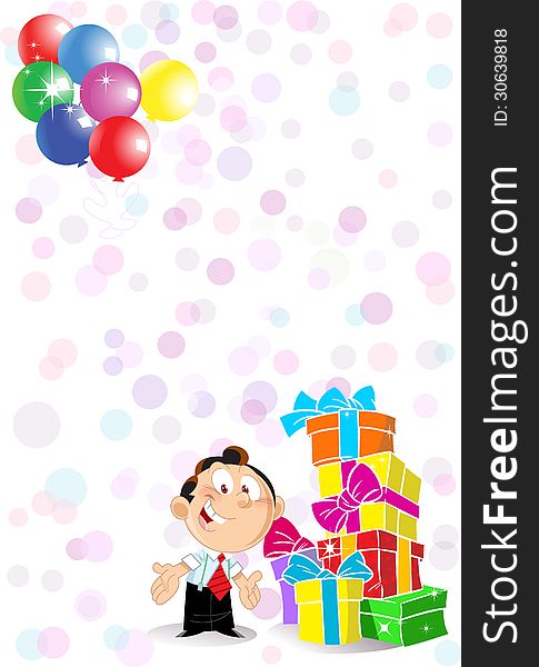 The illustration shows a holiday greeting card . On the postcard shows a smiling man, boxes with gifts and colorful balloons. There is space for text. Vector illustration in cartoon style, on separate layers.