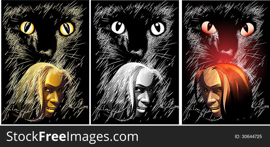 The woman face against a cat looking at you drawn in poster graphic style in different colour variations. The woman face against a cat looking at you drawn in poster graphic style in different colour variations