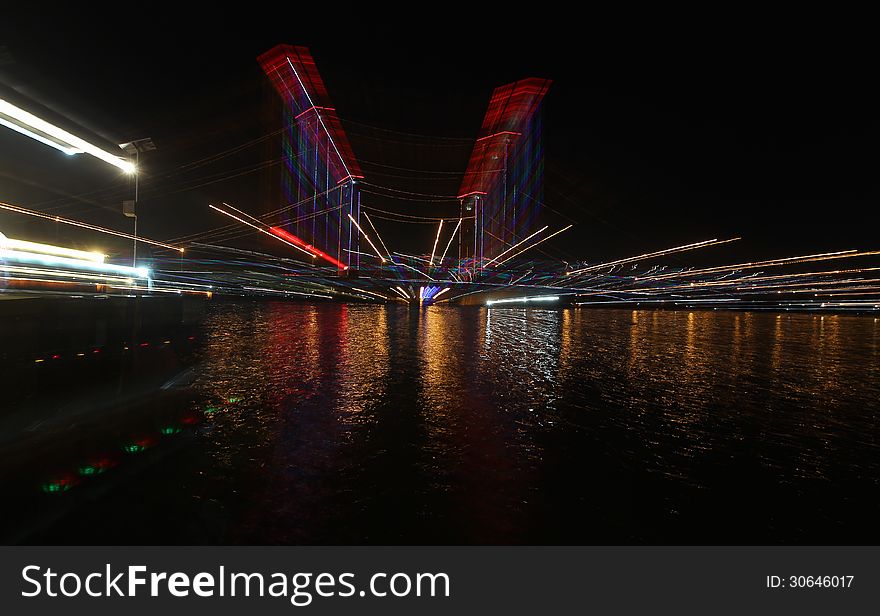Ampera Bridge in Palembang, Sumtera, Indonesia at night. Ampera Bridge in Palembang, Sumtera, Indonesia at night