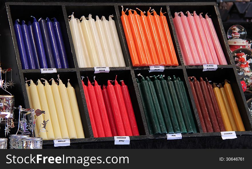 A Display of Wax Candles on a Gift Market Stall. A Display of Wax Candles on a Gift Market Stall.