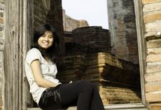 Beautiful Young Girl At Wat Maheyong Temple. Ayutthaya - Thailan Stock Photos Beautiful Young Girl At Wat Maheyong Temple. Ayutthaya - Thailan Stock Photos