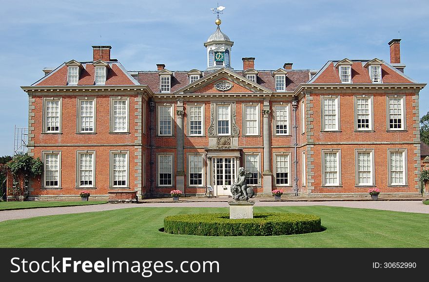 A view of front face of Hanbury Hall, Worcestershire. A country house set in magnificent gardens.