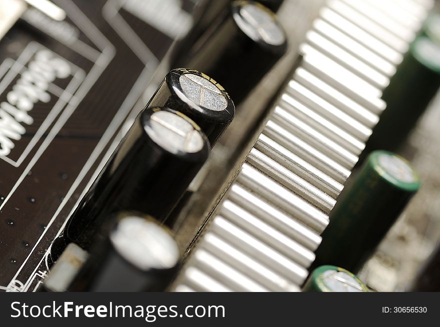 Close up of electronic board with circuits and components