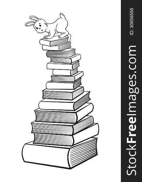 Rabbit and books. Isolated black and white. Vector illustration