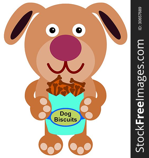 An illustration of a dog holding his dog biscuits