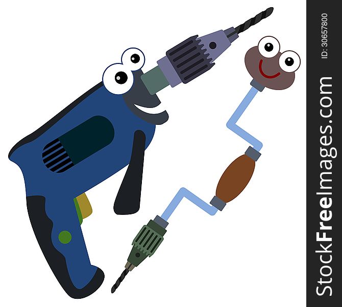 A cartoon set of drills made up of an electric drill and a hand drill. A cartoon set of drills made up of an electric drill and a hand drill