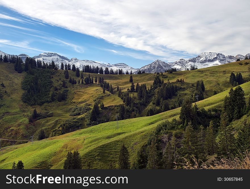 Beautiful landscape with alpine meadows in the background of snowy peaks