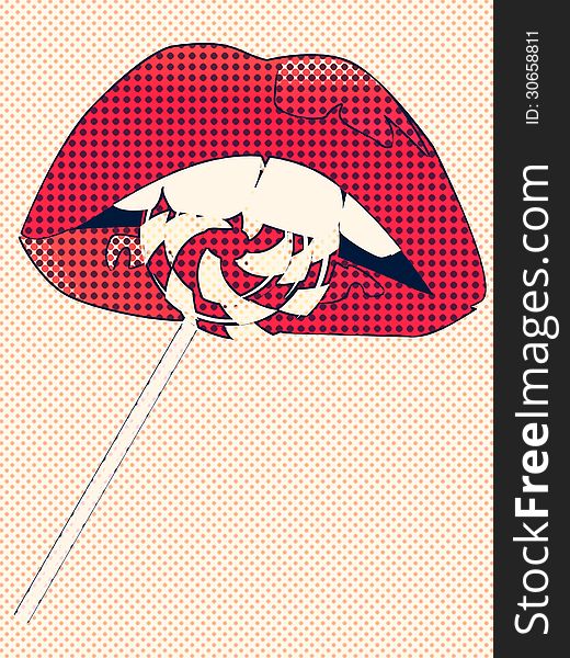 Abstract catroon female lips of red color and lollipop. Abstract catroon female lips of red color and lollipop.