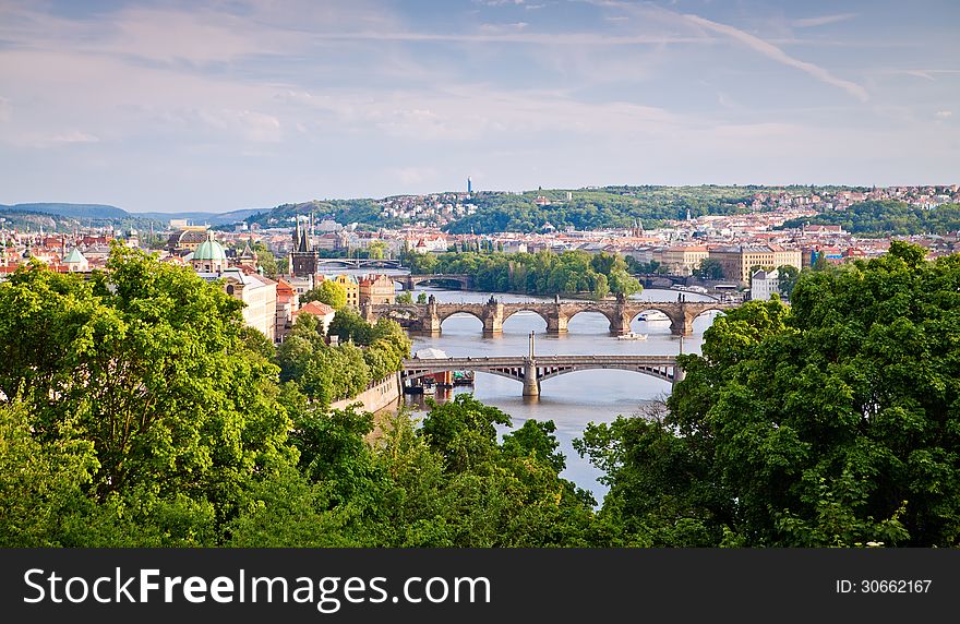 View of Prague and its bridges crossing the Vltava river. View of Prague and its bridges crossing the Vltava river