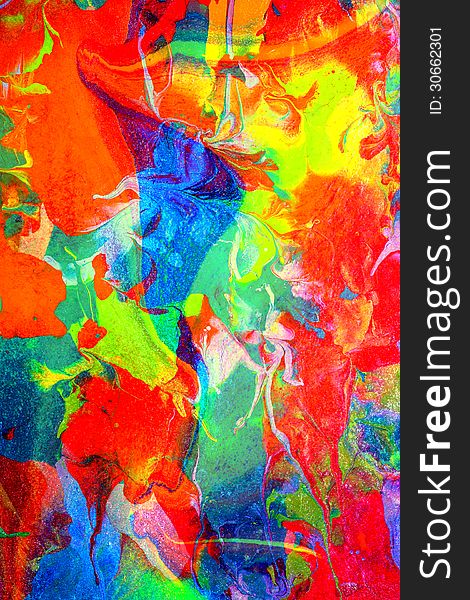 A composing of two abstract paintings creating a new, intensely composed abstract picture monstly in red blue and green. A composing of two abstract paintings creating a new, intensely composed abstract picture monstly in red blue and green