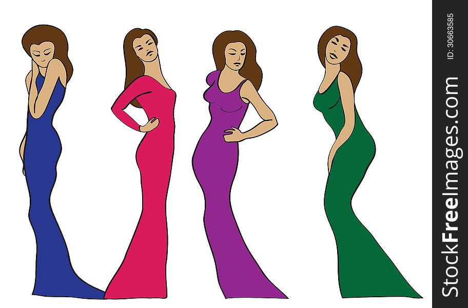 Four girls in blue, red, purple, green dresses