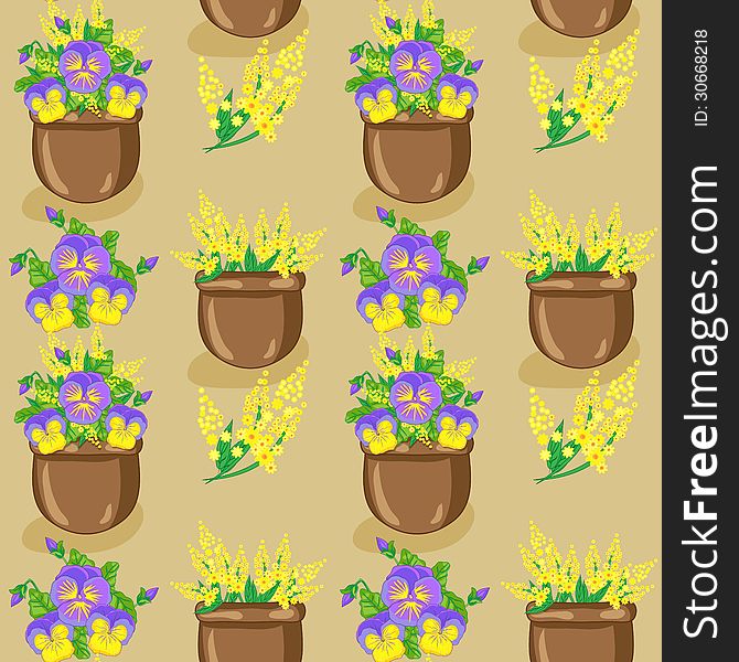 Vector seamless pattern with flowerpots and flowers