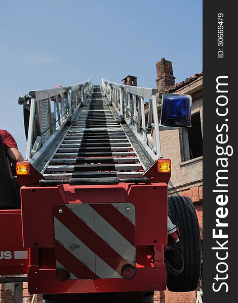 Close up of an extensible stairs of a fire fighters' truck. Close up of an extensible stairs of a fire fighters' truck