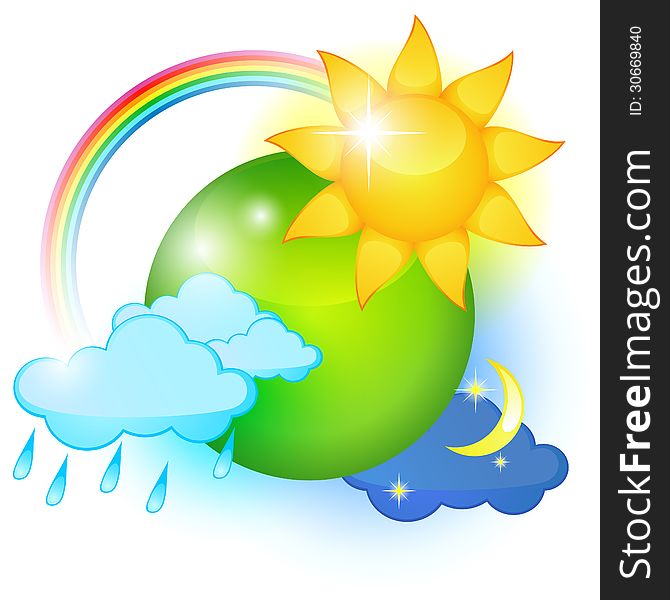 Big icon of different weathers around green planet. Big icon of different weathers around green planet