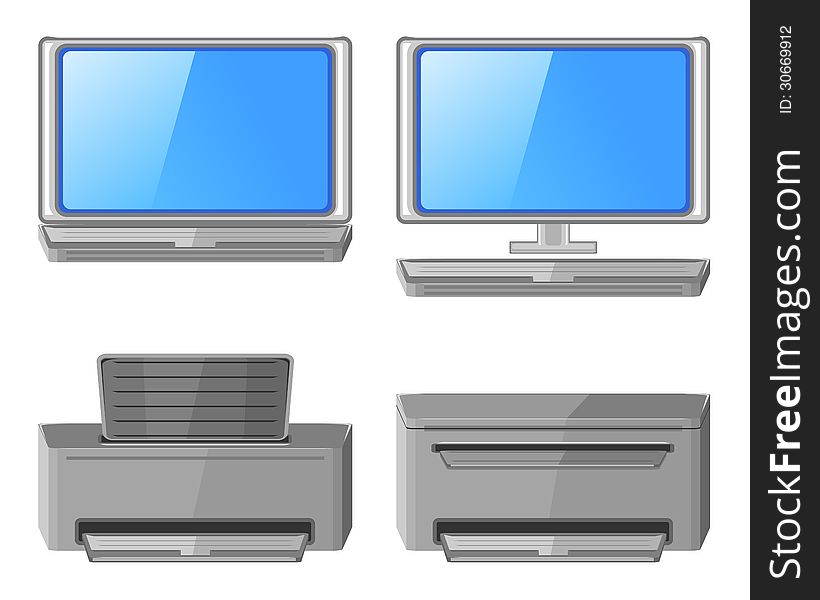Four icons of computer and printer over white. Four icons of computer and printer over white