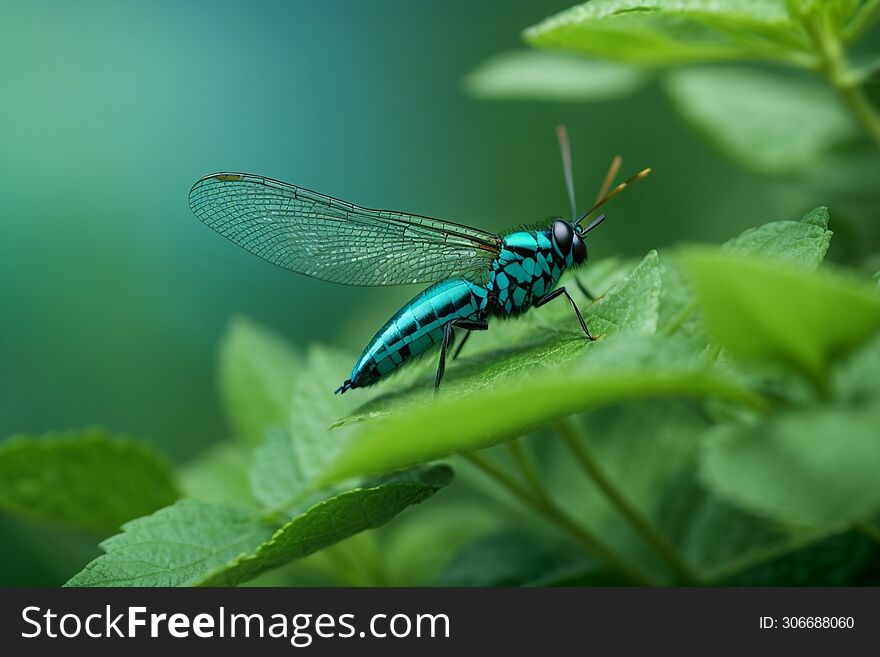 Macro blue net-winged insect on a green plant with a blurred background