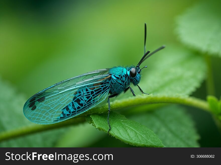 Macro Blue Net-winged Insect On A Green Plant With A Blurred Background