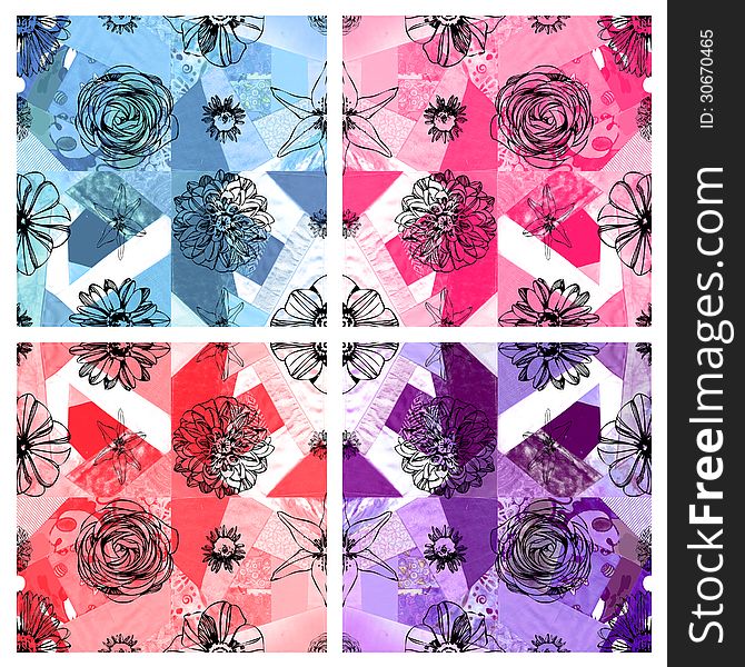 Set of black seamless floral patterns against a blue,pink, red and purple abstract fabric pattern background. Set of black seamless floral patterns against a blue,pink, red and purple abstract fabric pattern background