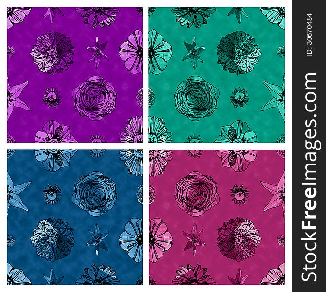 A set of seamless fabric textured floral patterns against purple,turquoise, blue and magenta colored backgrounds. A set of seamless fabric textured floral patterns against purple,turquoise, blue and magenta colored backgrounds