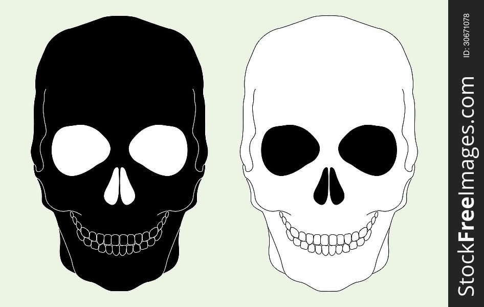 Black and white skull on a light blue background